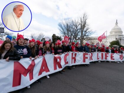 Anti-abortion activists march outside of the U.S. Capitol during the March for Life in Washington, Friday, Jan. 20, 2023. (AP Photo/Jose Luis Magana) // Inset: Pope Francis (FILIPPO MONTEFORTE/AFP/Getty Images)