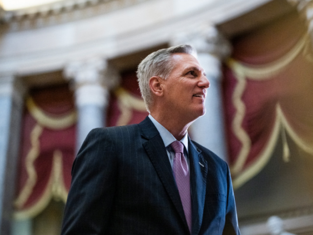 UNITED STATES - JANUARY 12: Speaker of the House Kevin McCarthy, R-Calif., conducts a news conference in the U.S. Capitols Statuary Hall on Thursday, January 12, 2023. (Tom Williams/CQ-Roll Call, Inc via Getty Images)