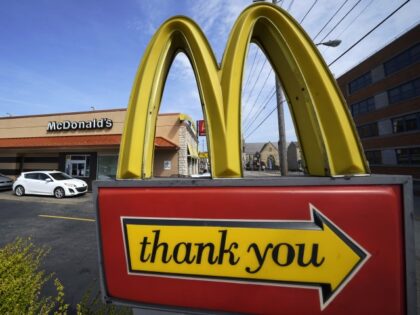 A sign is shown in front of an McDonald's restaurant in Pittsburgh on Saturday, April