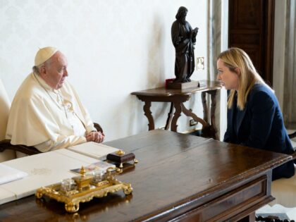 VATICAN CITY, VATICAN - JANUARY 10: (EDITOR'S NOTE: STRICTLY EDITORIAL USE - NO MERCHANDISING.) Pope Francis chats with Italian Prime Minister Giorgia Meloni during an audience at the Apostolic Palace on January 10, 2023 in Vatican City, Vatican. (Photo by Vatican Media via Vatican Pool/Getty Images)