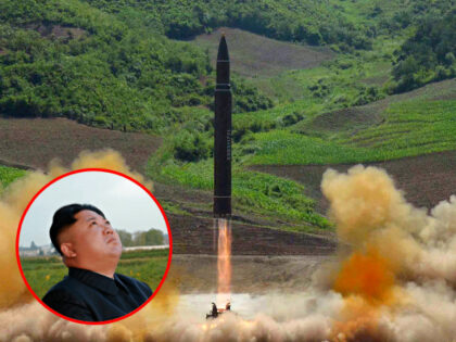 FILE - This photo distributed by the North Korean government shows what was said to be the launch of a Hwasong-14 intercontinental ballistic missile, ICBM, in North Korea, July 4, 2017. (Korean Central News Agency/Korea News Service via AP, File) // Inset: Kim Jong-un looking up (STR/AFP/Getty Images).