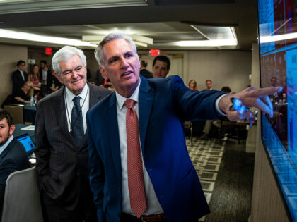 Washington, DC - November 8 : Former House Speaker Newt Gingrich and House Minority Leader Kevin McCarthy of Calif., watch Congressional midterm election results from a war room at the Madison Hotel on Tuesday, Nov. 08, 2022 in Washington, DC. (Photo by Jabin Botsford/The Washington Post via Getty Images)