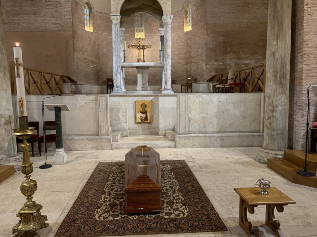 The body of Cardinal George Pell placed for veneration by the faithful in the church of St Stephen of the Abyssinians in the Vatican.