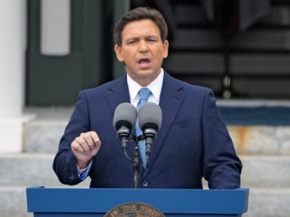 FILE - Florida Gov. Ron DeSantis speaks after being sworn in to begin his second term duri