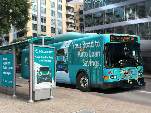 San Diego's Metropolitan Transit System began its Clear Channel Outdoor partnership with bus shelters. It recently added 550+ buses and 150+ trolleys. (Photo: Business Wire)