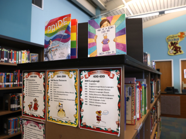 RICHMOND, CALIFORNIA - MAY 17: Newly donated LGBTQ+ books are displayed in the library at Nystrom Elementary School on May 17, 2022 in Richmond, California. California State Superintendent of Schools Tony Thurmond celebrated the donation of thousands of LGBTQ+ books from Gender Nation to 234 elementary schools in nine California …