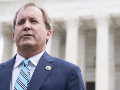 WASHINGTON, DC - ARPIL 26: Texas Attorney General Ken Paxton speaks to reporters after the Supreme Court oral arguments in the Biden v. Texas case at the Supreme Court on Capitol Hill on Tuesday, April 26, 2022, in Washington, DC. (Sarah Silbiger for The Washington Post via Getty Images)
