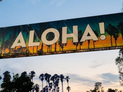 DANA POINT, CALIFORNIA - SEPTEMBER 24: An Aloha banner welcomes guests during Ohana Festival at Doheny State Beach on September 24, 2021 in Dana Point, California. (Photo by Jim Bennett/WireImage )