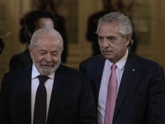 Luiz Inacio Lula da Silva, Brazil's president, left, and Alberto Fernandez, Argentina's president, during a news conference at the Casa Rosada in Buenos Aires, Argentina, on Monday, Jan. 23, 2023. Argentina and Brazil are in the preliminary stages of renewing discussions on forming a common currency for financial and commercial …