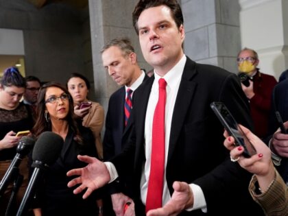Rep. Matt Gaetz, R-Fla., speaks after a closed-door meeting with the GOP Conference at the