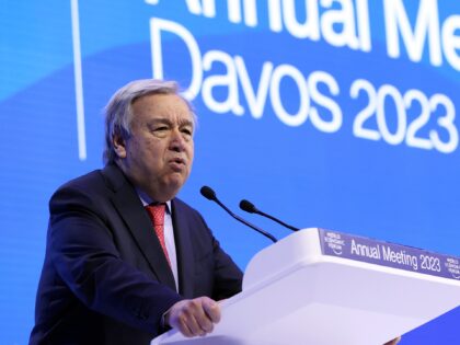 DAVOS, SWITZERLAND - JANUARY 18: Secretary-General of the United Nations, Antonio Guterres speaks as he attends a session of the World Economic Forum (WEF) in Davos, Switzerland on January 18, 2023. (Photo by Dursun Aydemir/Anadolu Agency via Getty Images)