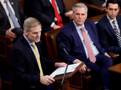 WASHINGTON, DC - JANUARY 03: U.S. Rep. Jim Jordan (R-OH) delivers remarks alongside House Minority Leader Kevin McCarthy (R-CA) as the House of Representatives holds their vote for Speaker of the House on the first day of the 118th Congress in the House Chamber of the U.S. Capitol Building on …