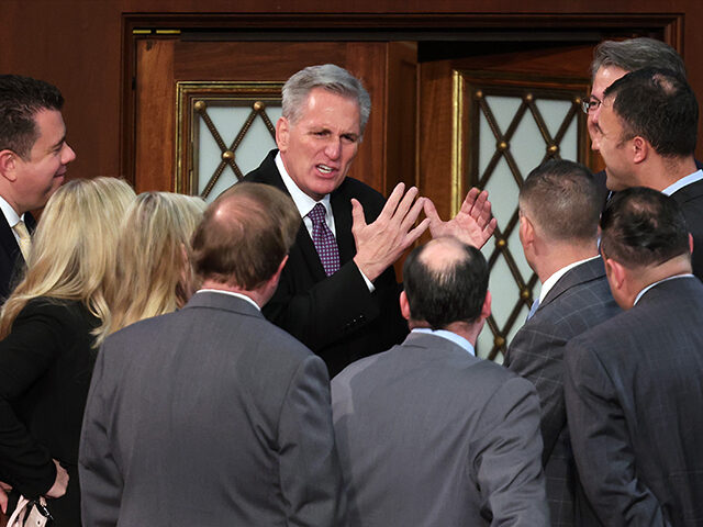 House Republican Leader Kevin McCarthy (R-CA) talks to members-elect in the House Chamber during the second day of elections for Speaker of the House at the U.S. Capitol Building on January 04, 2023 in Washington, DC. The House of Representatives is meeting to vote for the next Speaker after House …