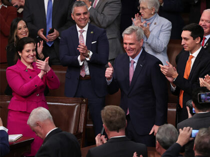 WASHINGTON, DC - JANUARY 07: U.S. House Republican Leader Kevin McCarthy (R-CA) gives a thumbs-up after being elected Speaker of the House in the House Chamber at the U.S. Capitol Building on January 07, 2023 in Washington, DC. After four days of voting and 15 ballots McCarthy secured enough votes …