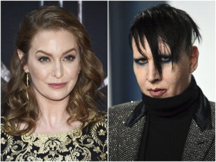 In this combination photo, actress Esmé Bianco appears at HBO's "Game of Thrones" final season premiere in New York on April 3, 2019, left, and musician Marilyn Manson appears at the Vanity Fair Oscar Party in Beverly Hills, Calif. on Feb. 9, 2020. Bianco has sued Marilyn Manson alleging sexual, …