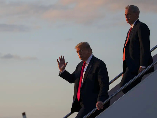 FILE - In this May 30, 2020, file photo President Donald Trump steps off Air Force One, followed by House Minority Leader Kevin McCarthy of Calif., as he returns at Andrews Air Force Base, Md. Two years after a 40-seat surge fueled by wins in the suburbs hoisted Democrats to House control, Republican hopes of recapturing the majority have buckled along with Trump's approval ratings. Some worry that the party will lose seats, an agonizing letdown from their one-time dream of retaking control by gaining 17 seats. (AP Photo/Alex Brandon, File)