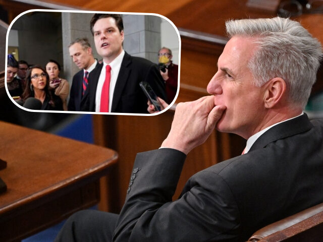 US Republican Representative Kevin McCarthy listens before the House of Representatives votes for a seventh time for a new speaker at the US Capitol in Washington, DC, January 5, 2023. - The House adjourned until Thursday as bitter infighting within the Republican ranks continues to paralyze the chamber and prevent …