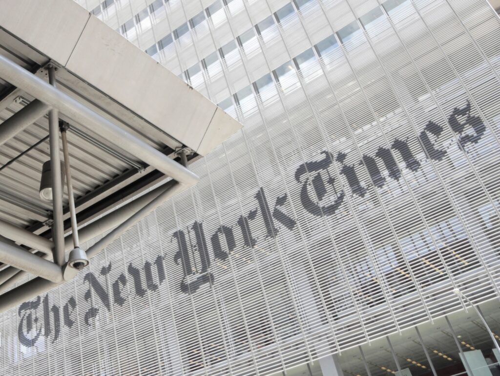 FILE - This June 22, 2019, file photo shows the exterior of the New York Times building in New York. In a report to its employees in February 2021, The New York Times says it needs a culture change to become a better place to work, particularly for people of color. (AP Photo/Julio Cortez, File)