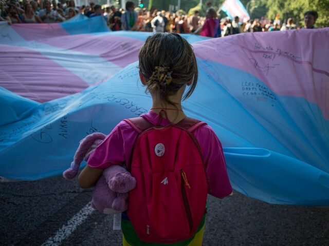 MADRID, SPAIN - 2022/07/09: A girl holds the Transgender Pride flag during the pride march