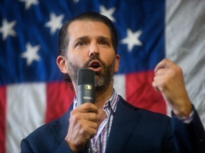 GREENSBORO, NC - OCTOBER 13: Donald Trump Jr. speaks to audience members before introducing U.S. Senate candidate Rep. Ted Budd (R-NC) during a campaign rally at Illuminating Technologies on October 13, 2022 in Greensboro, North Carolina. Rep. Budd, running against Democratic Senate candidate Cheri Beasley, was introduced by Donald Trump …