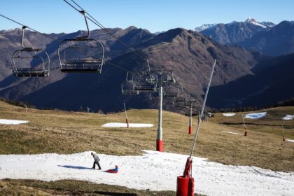 Near-bare slopes at the Luchon-Superbagneres ski resort in southwestern France on January