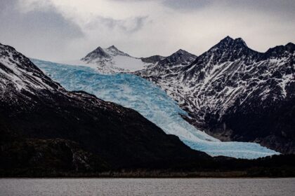 A glacier stretches over the Darwin Mountain Range in the Magallanes region of southern Ch