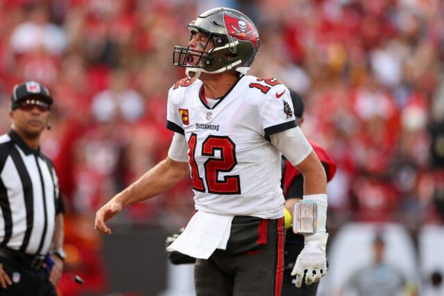 Tampa Bay's Tom Brady celebrates after a touchdown in the Buccaneers' victory over Carolin