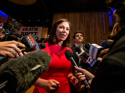 Republican U.S. Senate candidate Katie Britt talks with the media during a watch party, Tu
