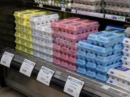 FILE - Eggs are displayed on store shelves at a local grocery store in Chandler, Ariz., Jan. 21, 2023. Amid soaring egg prices, social media users are claiming that common chicken feed products are preventing their own hens from laying eggs. (AP Photo/Ross D. Franklin, File)