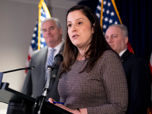 Republican Conference Chairman Rep. Elise Stefanik, R-N.Y., accompanied by Majority Whip Rep. Tom Emmer, R-Minn., left, and House Majority Leader Rep. Steve Scalise, R-La., right, speaks at a news conference on Capitol Hill in Washington, Wednesday, Jan. 25, 2023. (AP Photo/Andrew Harnik)