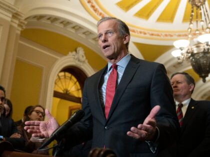 Sen. John Thune, R-S.D., speaks to reporters during a news conference with the Republican