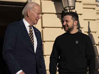 President Joe Biden, left, meets with Ukrainian President Volodymyr Zelenskyy at Mariinsky Palace during an unannounced visit in Kyiv, Ukraine, Monday, Feb. 20, 2023. (AP Photo/Evan Vucci, Pool)