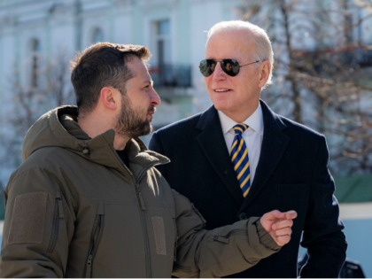 President Joe Biden, right, and Ukrainian President Volodymyr Zelenskyy talk during an una