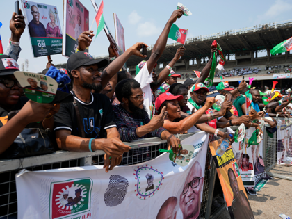 Supporters of Nigeria's Labour Party's Presidential Candidate Peter Obi, chants during an election campaign rally at the Tafawa Balewa Square in Lagos Nigeria, Saturday, Feb. 11, 2023. Fueled by high unemployment and growing insecurity, younger Nigerians are mobilizing in record numbers to take part in this month's presidential election. (AP …