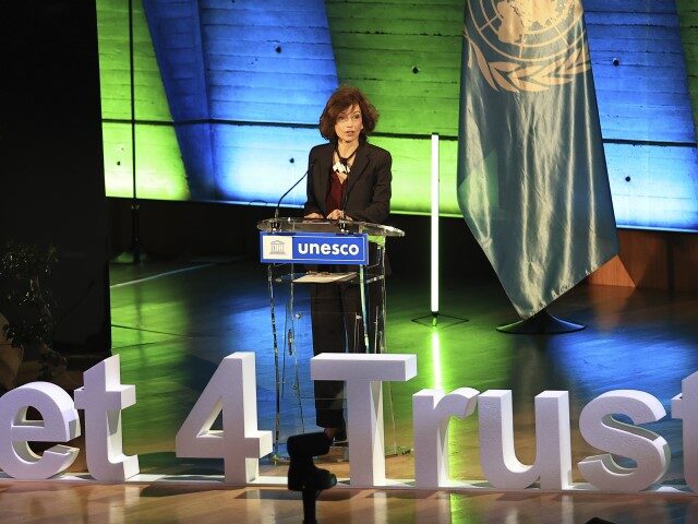 UNESCO Director General Audrey Azoulay, delivers her speech during a conference on guideli