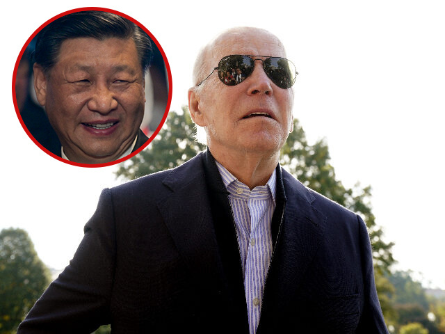 Biden Looks Up at Sky, Confused as Xi Laughs. Yuri Gripas_Abaca_Bloomberg via Getty Images