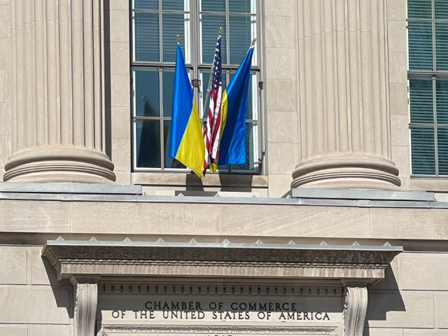 Chamber of Commerce Flies Two Ukraine Flags for one U.S.