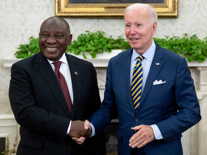 US President Joe Biden shakes hands with South African President Cyril Ramaphosa in the Oval office of the White House in Washington, DC, September 16, 2022. (Photo by SAUL LOEB / AFP) (Photo by SAUL LOEB/AFP via Getty Images)