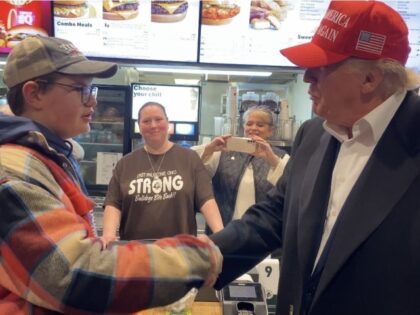 Former President Donald Trump buys McDonald's for residents of East Palestine, Ohio, after a train derailment (Alana Mastrangelo/Breitbart News).