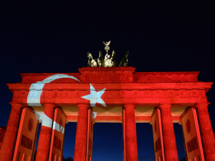 The Brandenburg Gate is illuminated in the colours of the Turkish national flag in memoria