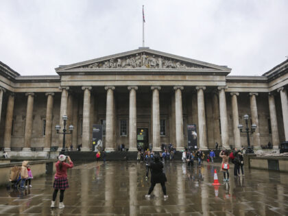The British Museum in London, England. Exterior images of the main entrance of the museum with the ancient Greek style architecture. The museum has a collection of over 13 million objects with more than 80.000 on display. The British Museum was established in 1753. (Photo by Nicolas Economou/NurPhoto via Getty …