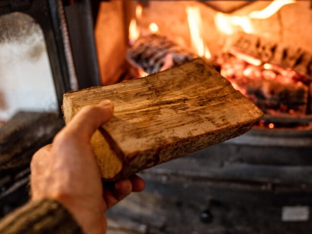 Putting a log into a wood burning stove - stock photo