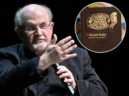 (INSET: Roald Dahl's book "Charlie and the Chocolate Factory") British author Salman Rushdie speaks as he presents his book "Quichotte" at the Volkstheater in Vienna, Austria, on November 16, 2019. - Austria OUT (Photo by HERBERT NEUBAUER / APA / AFP) / Austria OUT (Photo by HERBERT NEUBAUER/APA/AFP via Getty …