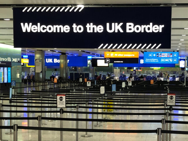 A UK border sign welcomes passengers on arrival at Heathrow airport in west London on Dece