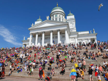 HELSINKI, FINLAND - 2022/07/02: Participants gather in Senate square during the Pride parade. Helsinki Pride is the biggest cultural event in Finland celebrating human rights and diversity. (Photo by Takimoto Marina/SOPA Images/LightRocket via Getty Images)