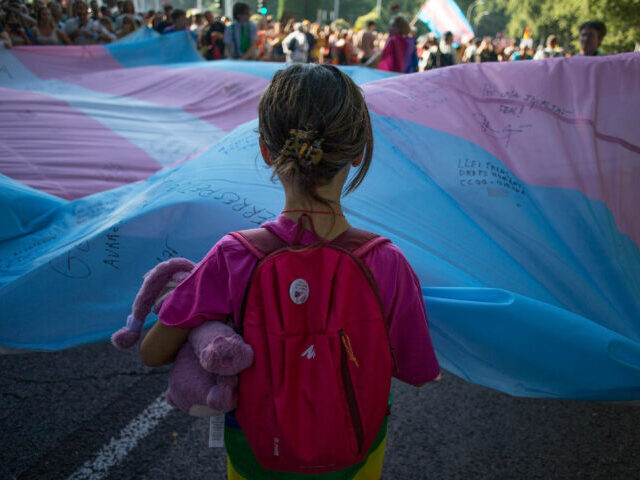 MADRID, SPAIN - 2022/07/09: A girl holds the Transgender Pride flag during the pride march