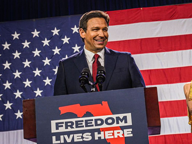 TOPSHOT - Republican gubernatorial candidate for Florida Ron DeSantis with his wife Casey DeSantis speaks to supporters during an election night watch party at the Convention Center in Tampa, Florida, on November 8, 2022. - Florida Governor Ron DeSantis, who has been tipped as a possible 2024 presidential candidate, was projected as one of the early winners of the night in Tuesday's midterm election. (Photo by Giorgio VIERA / AFP) (Photo by GIORGIO VIERA/AFP via Getty Images)