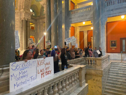 Protesters in the Kentucky Capitol on Nov. 15, 2022, gather to oppose Attorney General Daniel Cameron&apos;s defense of Kentucky&apos;s abortion bans in a case that came before the Kentucky Supreme Court. While the high court heard oral arguments, protesters chanted "Bans off our bodies," and "Abortion is a right, we …