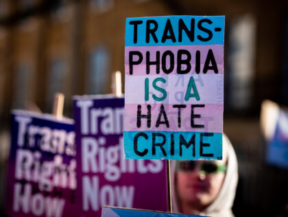 LONDON, UNITED KINGDOM - 2023/01/21: A protestor holds a placard during the Trans Rights Protest. Protests took place in London following the UK Governments blocking of the gender recognition reform which was passed in December 2022. (Photo by Loredana Sangiuliano/SOPA Images/LightRocket via Getty Images)