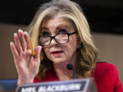 UNITED STATES - JANUARY 24: Sen. Marsha Blackburn, R-Tenn., speaks during the Senate Judiciary Committee hearing titled Thats the Ticket: Promoting Competition and Protecting Consumers in Live Entertainment, in Hart Building on Tuesday, January 24, 2023. (Tom Williams/CQ-Roll Call, Inc via Getty Images)